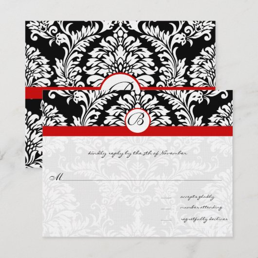 Zwart Damast met Rode Afwerking Trouw Uitnodiging (Voorkant / Achterkant)