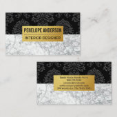 Zwart damast metalen patroon | Witte marmer Visitekaartje (Voorkant / Achterkant)