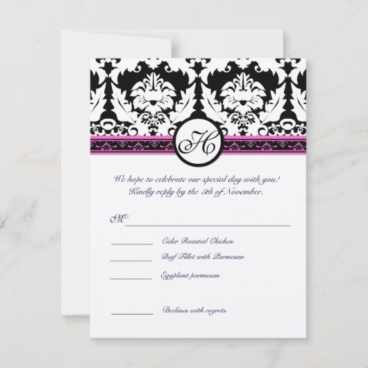 Zwart Damast Monogram RSVP Beantwoorden met Menu Kaart (Voorkant)