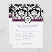 Zwart Damast Monogram RSVP Beantwoorden met Menu Kaart (Voorkant / Achterkant)