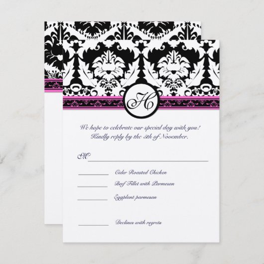 Zwart Damast Monogram RSVP Beantwoorden met Menu Kaart (Voorkant / Achterkant)