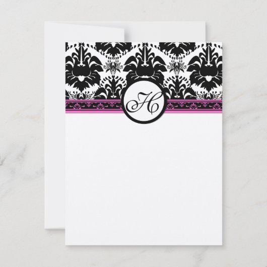 Zwart Damast Monogram RSVP Beantwoorden met Menu Kaart (Achterkant)