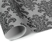 Zwart Damast op Grijs Elegant Patroon Cadeaupapier (Rol Hoek)
