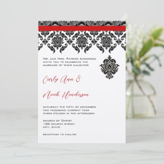 Zwart Damast Op Witte Huwelijksuitnodiging Met Rod Kaart (Staand voorkant)
