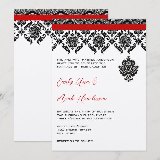 Zwart Damast Op Witte Huwelijksuitnodiging Met Rod Kaart (Voorkant / Achterkant)
