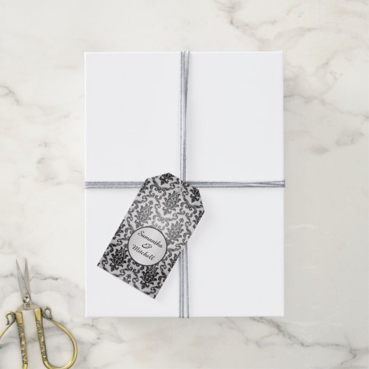 Zwart damast op zilvergrijs Bruiloft Dank U Cadeaulabel (Met Touw)