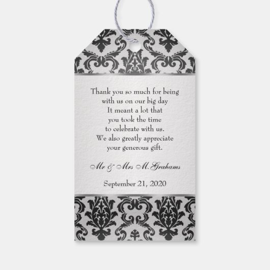 Zwart damast op zilvergrijs Bruiloft Dank U Cadeaulabel (Achterkant)