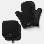 Zwart Damast Patroon Monogram Ovenwant & Pannenlap Set (Voorkant / Achterkant)
