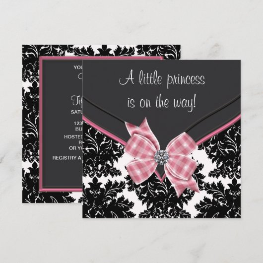 Zwart Damast Roze Bow Princess Baby shower Kaart (Voorkant / Achterkant)