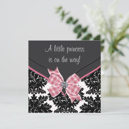 Zwart Damast Roze Bow Princess Baby shower Kaart (Staand voorkant)