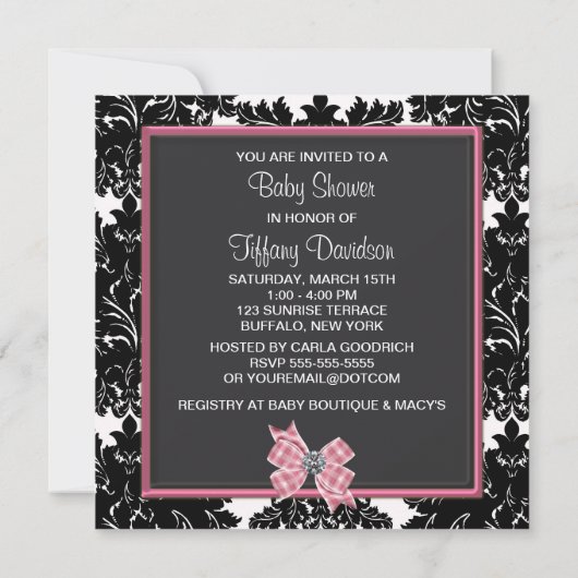 Zwart Damast Roze Bow Princess Baby shower Kaart (Achterkant)