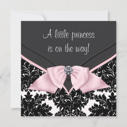 Zwart Damast Roze Bow Princess Baby shower Kaart (Voorkant)
