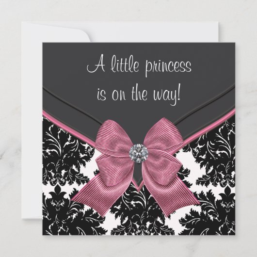 Zwart Damast Roze Bow Princess Baby shower Kaart (Voorkant)