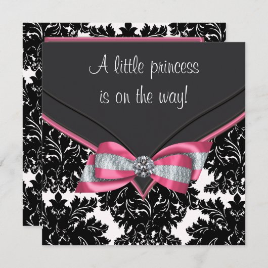 Zwart Damast Roze Bow Princess Baby shower Kaart (Voorkant / Achterkant)