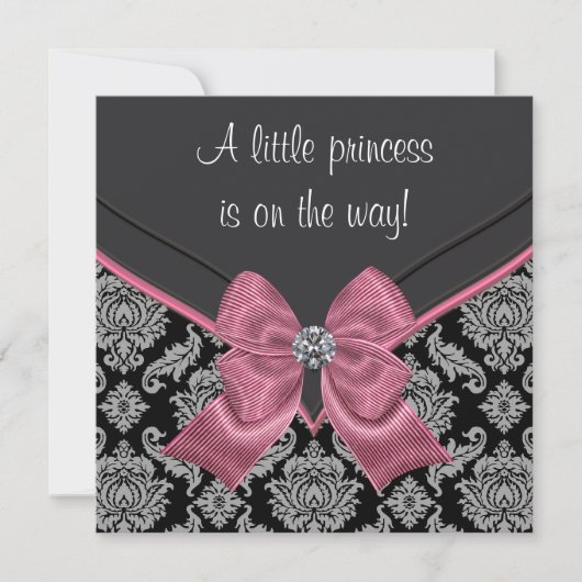 Zwart Damast Roze Bow Princess Baby shower Kaart (Voorkant)