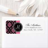 Zwart Damast Roze Glitter Gedrukt Monogram Etiket (Insitu)