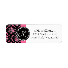 Zwart Damast Roze Glitter Gedrukt Monogram Etiket