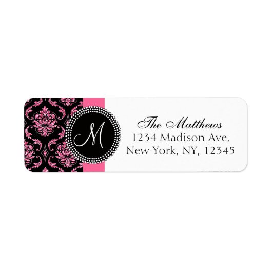 Zwart Damast Roze Glitter Gedrukt Monogram Etiket (Voorkant)