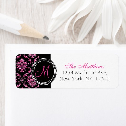 Zwart Damast Roze Glitter Monogram Etiket (Insitu)