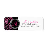 Zwart Damast Roze Glitter Monogram Etiket (Voorkant)