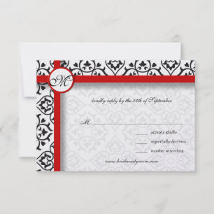 Zwart Damast Side Borders Rood Trim Bruiloft RSVP Kaartje