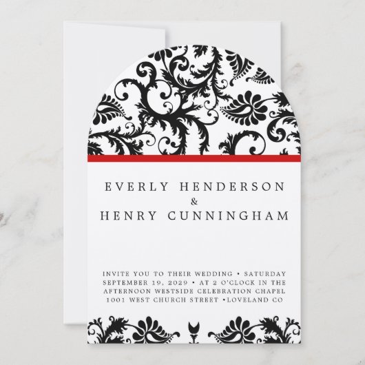 Zwart Damast Swirls op wit met rode sierrand Kaart (Voorkant)