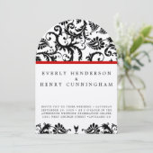 Zwart Damast Swirls op wit met rode sierrand Kaart (Staand voorkant)