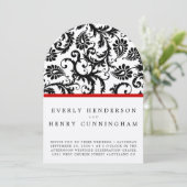 Zwart Damast Swirls op wit met rode sierrand Kaart (Staand voorkant)