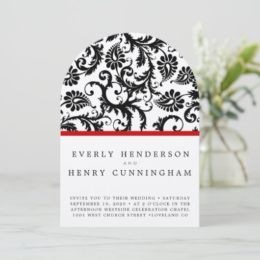 Zwart Damast Swirls op wit met rode sierrand Kaart (Staand voorkant)