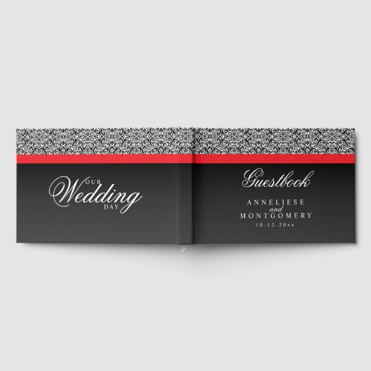 Zwart damastpatroon op zwart en rood streepjesdess gastenboek (Volledig)