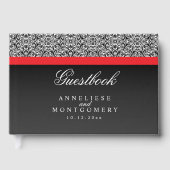 Zwart damastpatroon op zwart en rood streepjesdess gastenboek (Voorkant)
