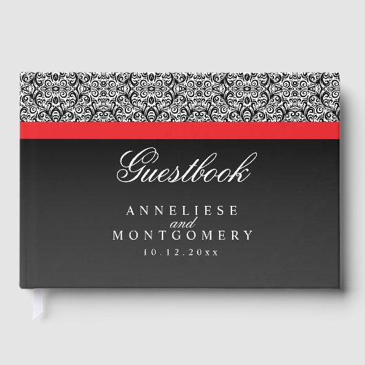Zwart damastpatroon op zwart en rood streepjesdess gastenboek (Voorkant)