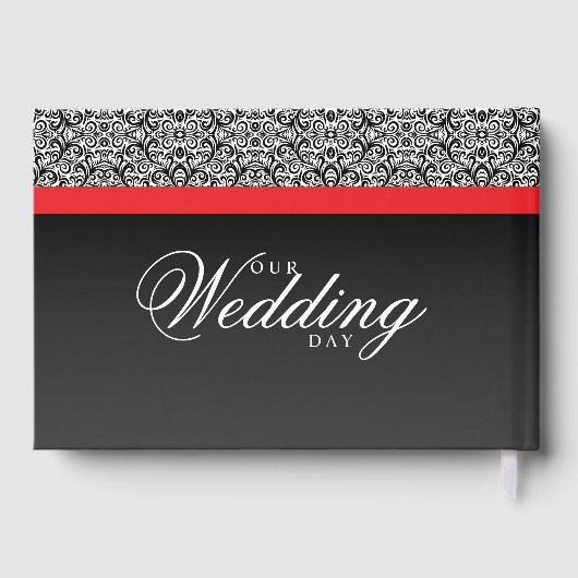 Zwart damastpatroon op zwart en rood streepjesdess gastenboek (Achterkant)