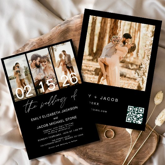 Zwart De bruiloft van foto QR-code Elegant Kaart
