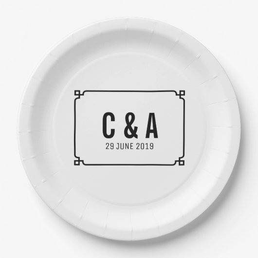 Zwart Deco Chic Bruiloft Papieren Bordje (Voorkant)