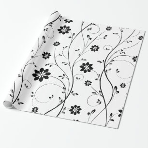Zwart Delicaat Bloemen Patroon Cadeaupapier