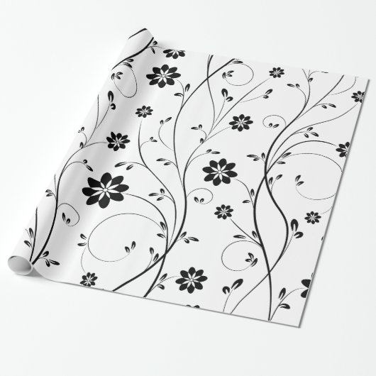 Zwart Delicaat Bloemen Patroon Cadeaupapier (Uitgerold)