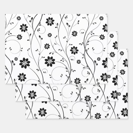 Zwart Delicaat Bloemen Patroon Inpakpapier Vel (Set)