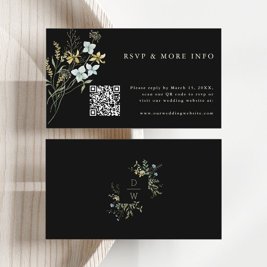 Zwart Delicate Wildflower Moderne Boho Bruiloft RS Informatiekaartje