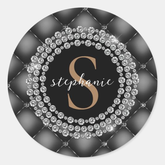 Zwart Diamanten Goud Monogram Elegant Getuft Luxe Ronde Sticker (Voorkant)
