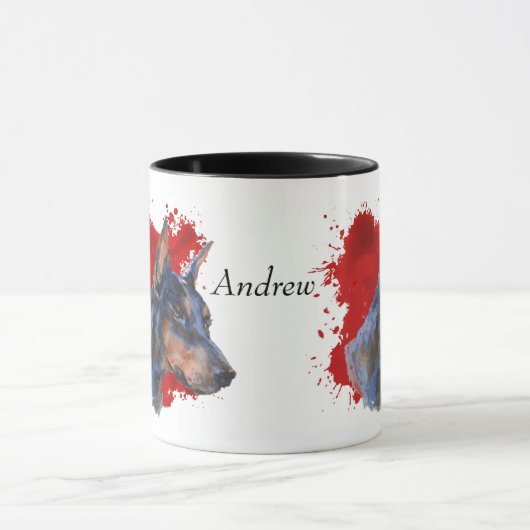 Zwart Doberman Pinscher Rode Abstracte achtergrond Mok (Midden)