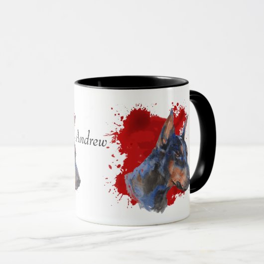 Zwart Doberman Pinscher Rode Abstracte achtergrond Mok (Voorkant rechts)