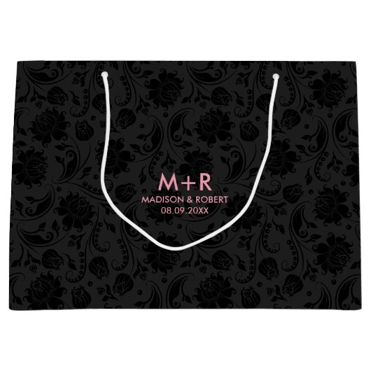 Zwart & Donker Grijs Damasks Custom Roze Bruiloft  Groot Cadeauzakje (Voorkant)