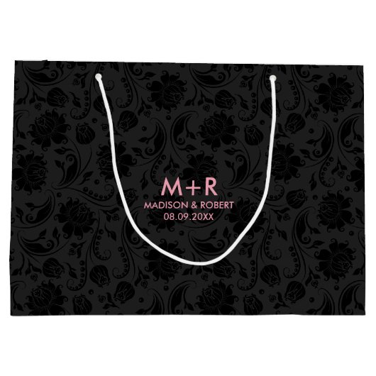 Zwart & Donker Grijs Damasks Custom Roze Bruiloft  Groot Cadeauzakje (Achterkant)
