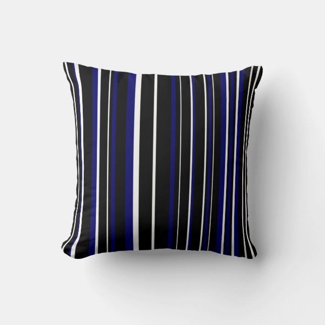 Zwart, Donker Marine Blauw en Witte Barcode Stripe Kussen (Voorkant)
