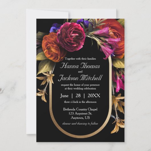Zwart Donker Moody Elegant Bloemen Herfst Bruiloft Kaart (Voorkant)
