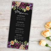 Zwart Donker Paarse  Bloemen Elegante Bruiloft Menu