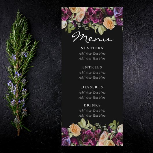 Zwart Donker Paarse  Bloemen Elegante Bruiloft Menu