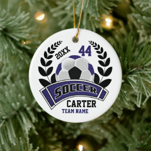 Zwart, Donkerblauw en Wit Personaliseer Voetbal ⚽ Keramisch Ornament