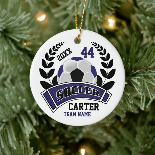 Zwart, Donkerblauw en Wit Personaliseer Voetbal ⚽ Keramisch Ornament (Boom)